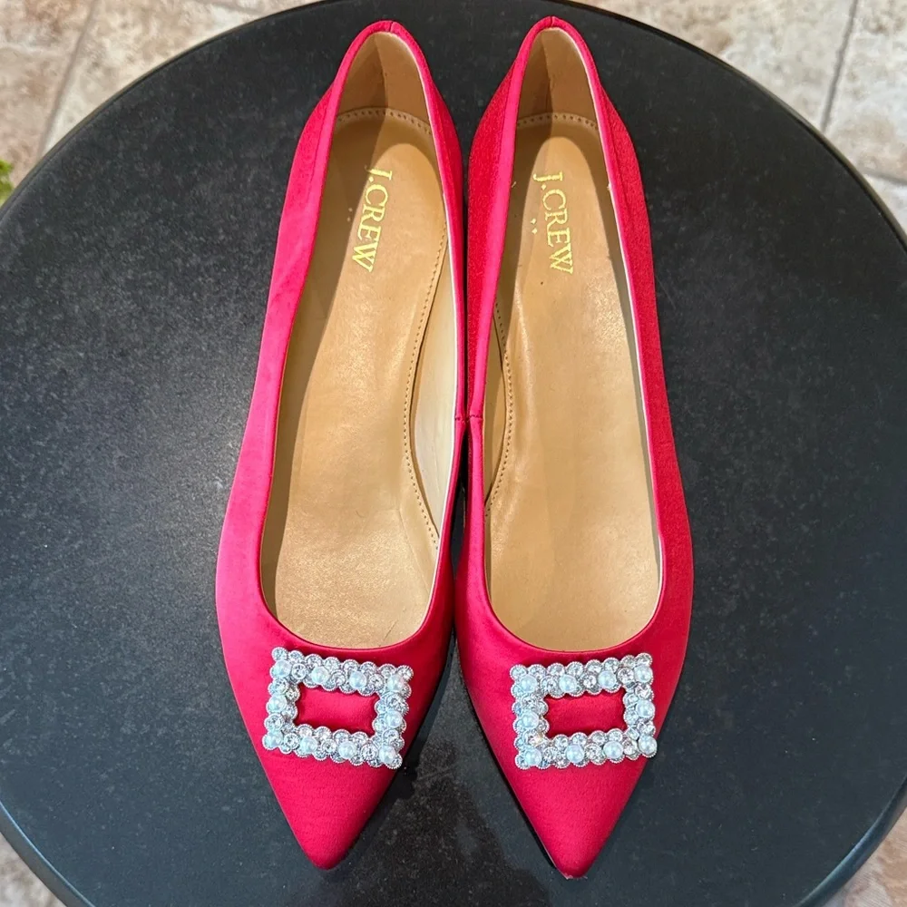J.Crew Women’s BU507 Red Satin Pointed Toe Jeweled Buckle Evening Flats 10 NEW